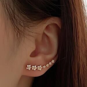 Gold Four Leaf Clover Ear Climber, Zircon, Gold Plated, Minimalist